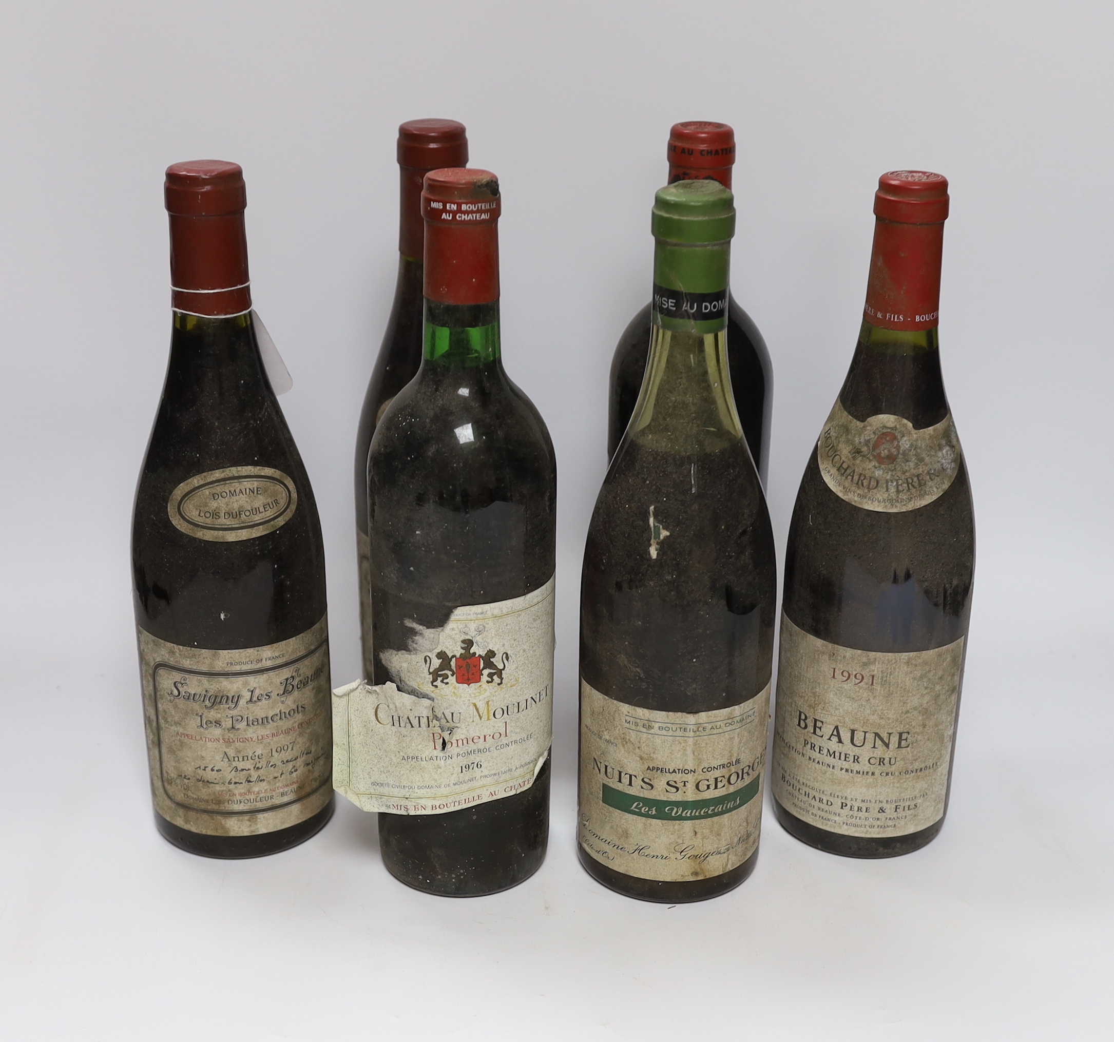 Six bottles of red wine including two bottles of Savigny Les Beaune 1997